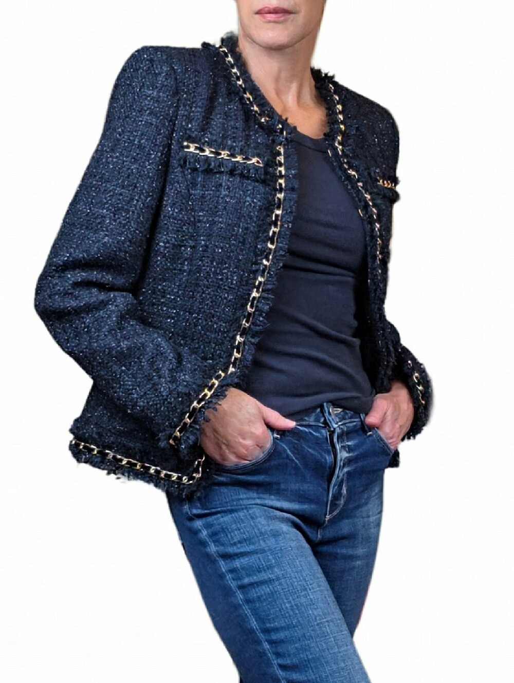 BOSTON PROPER Chain Detail Shimmer Tweed Parisian Jacket In Navy